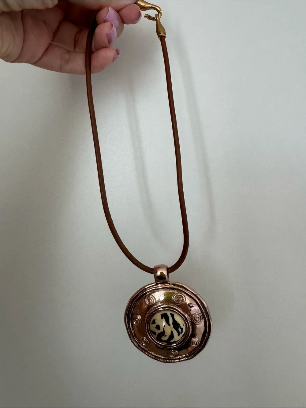 Round Copper Pendant Necklace with Animal Print Accent Gold color 16” - Picture 7 of 12